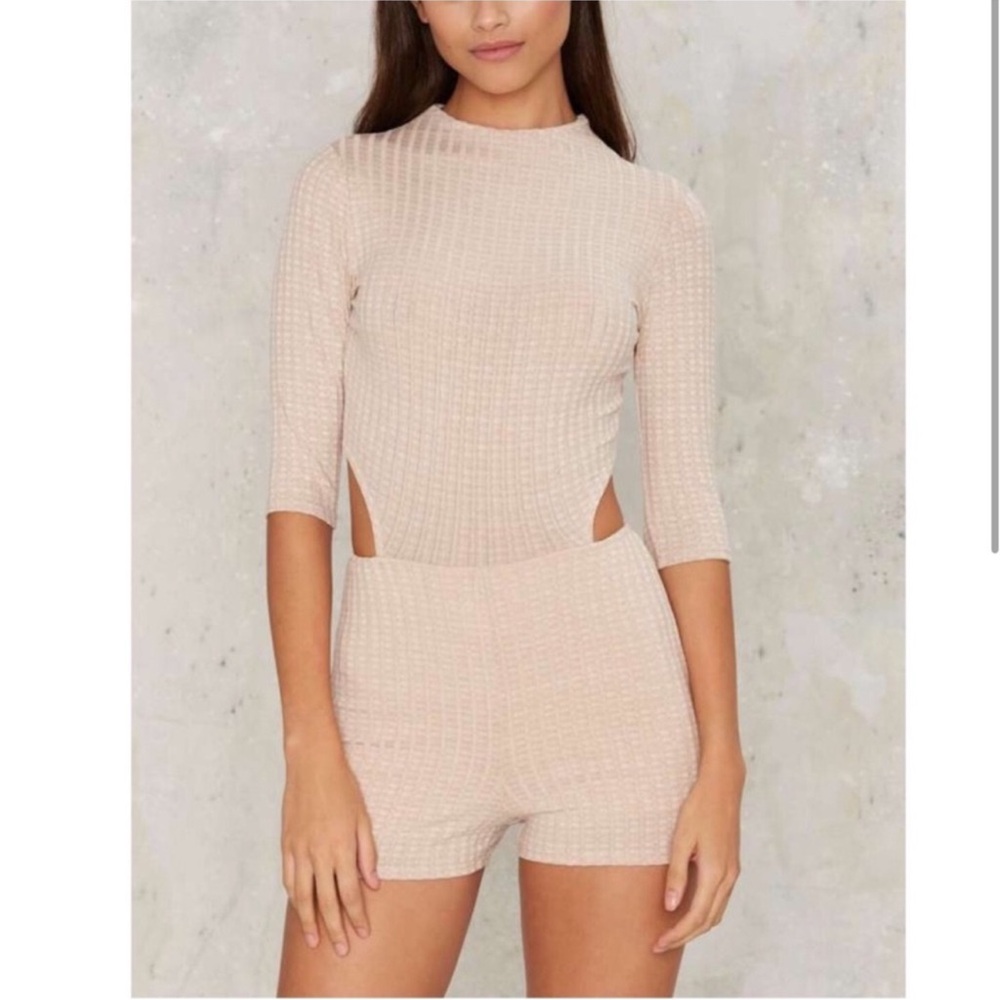 Blanc Tan Ribbed Cut Out Bodysuit with Mandarin Collar